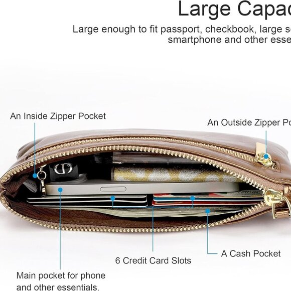 Women's Genuine Italian Leather Wristlet Clutch Wallet Purse, Gold Zipper - Picture 2 of 5